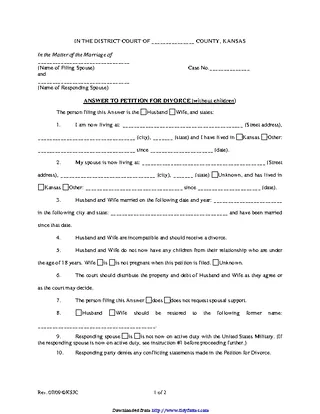 Kansas Answer To Petition For Divorce Without Children Form(1)