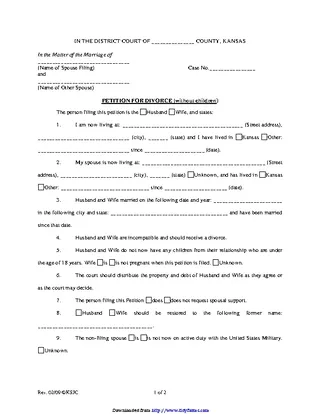 Kansas Petition For Divorce Without Children Form(1)
