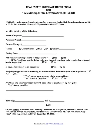 Forms Kansas Real Estate Purchase Offer Form