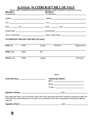 Kansas Watercraft Bill Of Sale Form