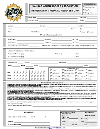 Kansas Youth Soccer Association Membership And Medical Release Form