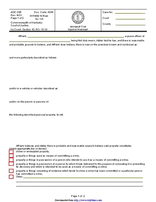 Kentucky Affidavit For Search Warrant Form