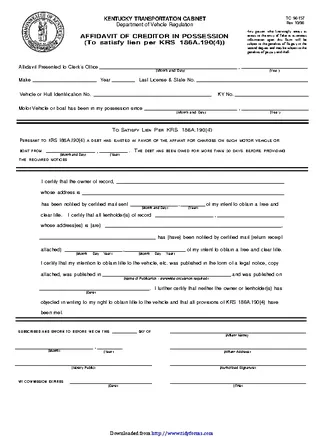 Kentucky Affidavit Of Creditor In Possession Form