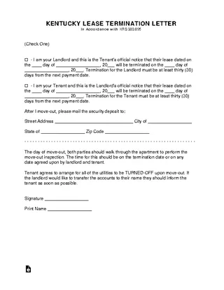 Kentucky Lease Termination Letter Form