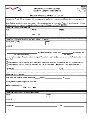 Kentucky Odometer Disclosure Statement Form