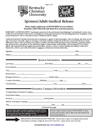 Kentucky Sponsor Adult Medical Release Form