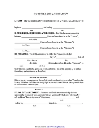 Forms Kentucky Sublease Agreement Form