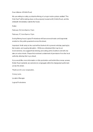 Letter Of Notification Of Filming Sample - PDFSimpli