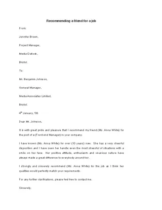 Letter Template For Recommending A Friend For A Job
