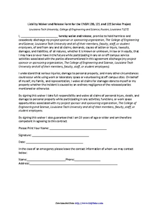 Louisiana Liability Waiver And Release Form