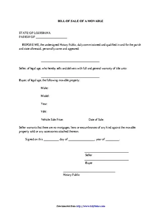 Louisiana Movable Property Bill Of Sale Form