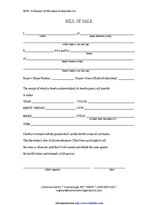 Maine Trailer Bill Of Sale Form