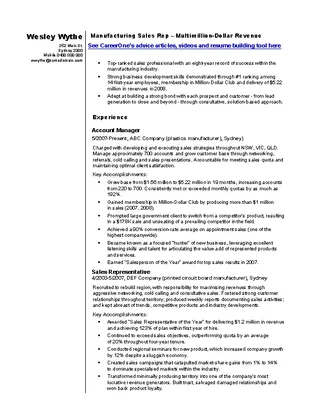 Manufacturing Sales Representative Cv Template