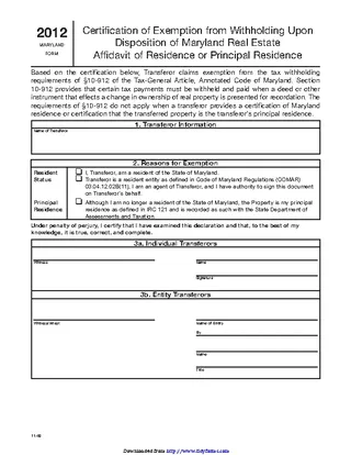 Maryland Affidavit Of Residence Or Principal Residence