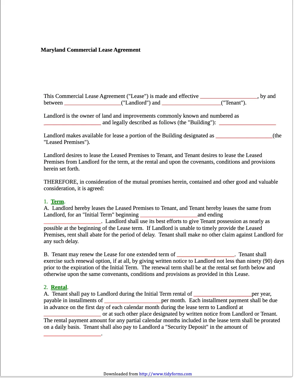 Maryland Commercial Lease Agreement