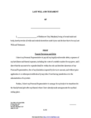 Maryland Last Will And Testament Form
