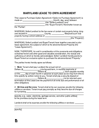 Maryland Lease To Own Option To Purchase Agreement Form