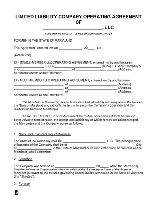 Forms Maryland Llc Operating Agreement Template