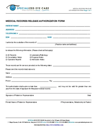 Maryland Medical Records Release Form 2