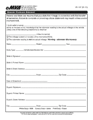 Maryland Odometer Disclosure Statment Form Vr 197