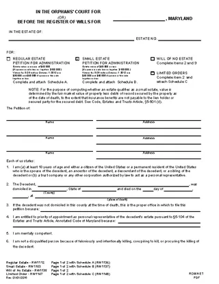Forms Maryland Petition For Administration Of Small Estate Rw1103