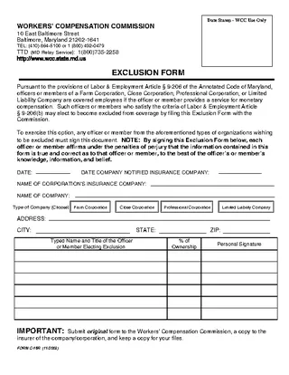 Maryland Workers Compensation Commission Exclusion Form