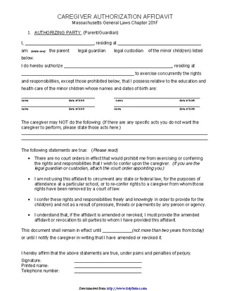 Massachusetts Caregiver Authorization Affidavit Form