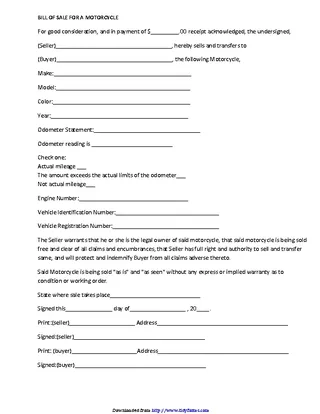 Massachusetts Motorcycle Bill Of Sale Form