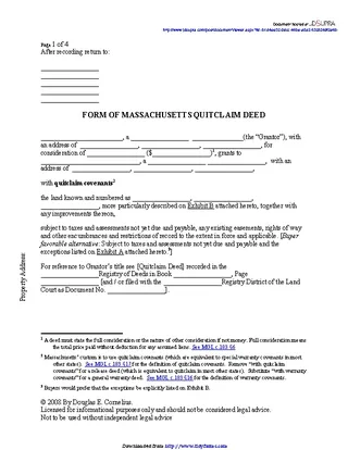 Massachusetts Quitclaim Deed Form 1