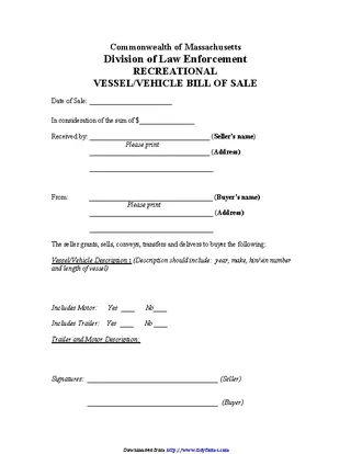 Massachusetts Recreational Vessel Vehicle Bill Of Sale Form