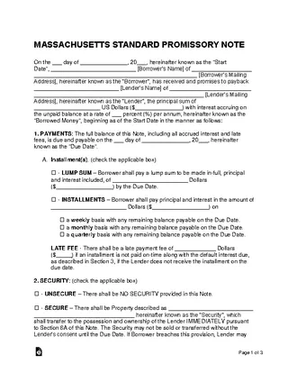 Forms Massachusetts Standard Promissory Note Template