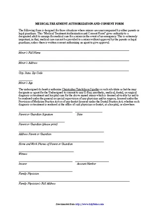Forms Medical Treatment Authorization And Consent Form