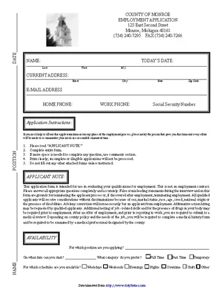 Michigan County Of Monroe Employment Application