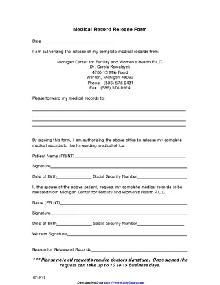 Michigan Medical Records Release Form 2