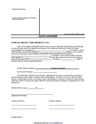 Michigan Quitclaim Deed Form 3