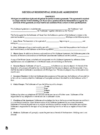 Michigan Sublease Agreement Form