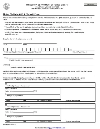 Minnesota Motor Vehicle Gift Affidavit Form