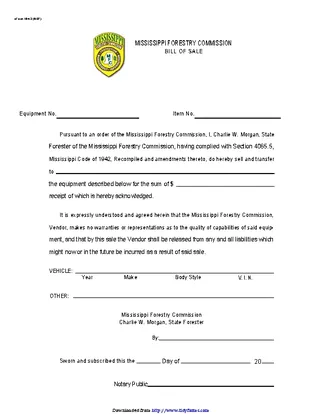 Mississippi Equipment Bill Of Sale Form