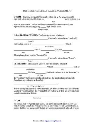 Mississippi Monthly Lease Agreement Template