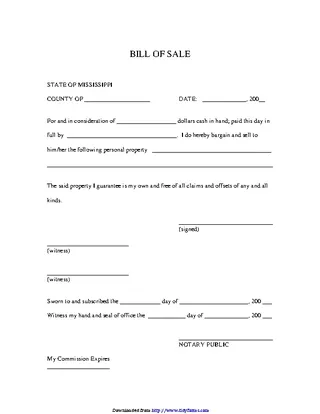 Mississippi Personal Property Bill Of Sale Form