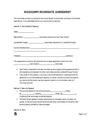 Mississippi Roommate Agreement Template