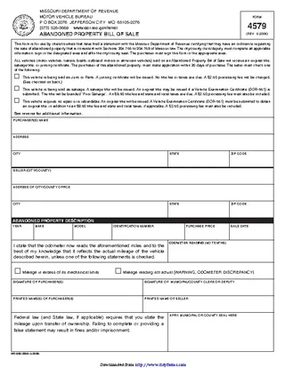 Missouri Abandoned Property Bill Of Sale Form