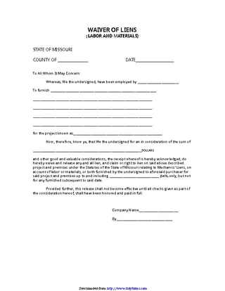 Forms Missouri Waiver Of Liens