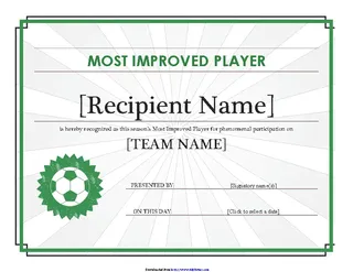 Forms Most Improved Player Certificate Editable Title