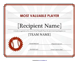 Most Valuable Player Award Certificate Editable Title