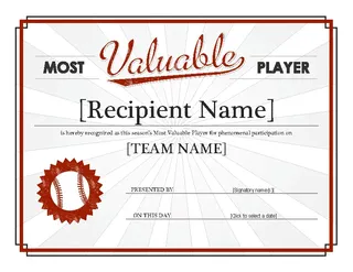 Forms Most Valuable Player Sports Award Certificate Template