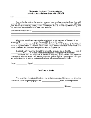Nebraska 14 30 Day Notice To Quit Noncompliance Form