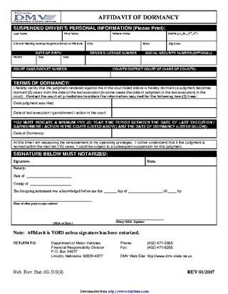 Nebraska Affidavit Of Dormancy Form