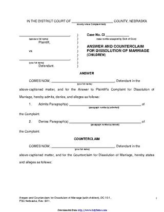 Nebraska Answer And Counterclaim For Dissolution Of Marriage Children Form
