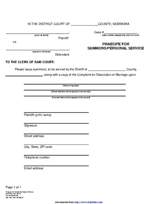 Forms Nebraska Praecipe For Summons Personal Service Form